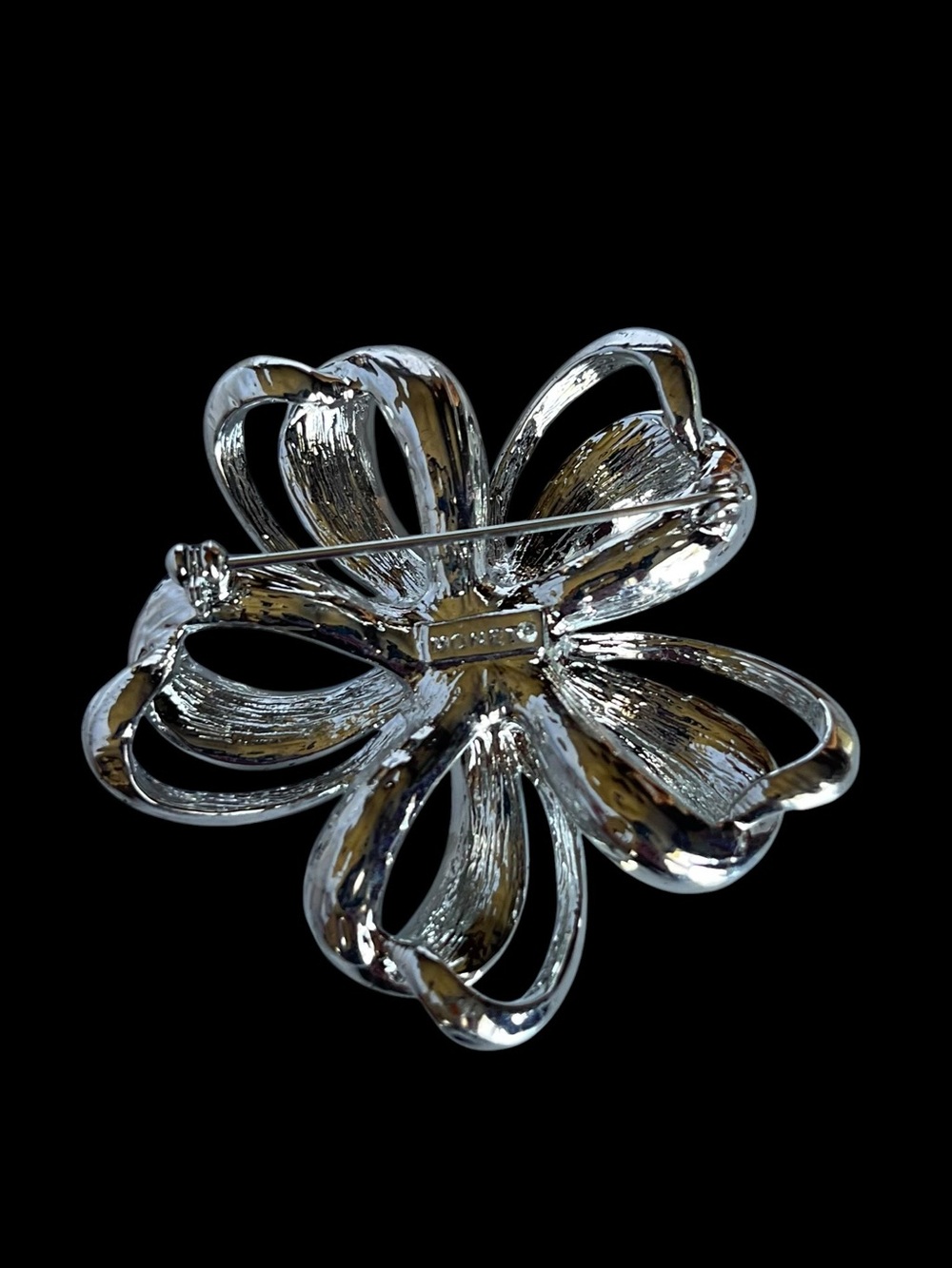 Monet Silver Ribbon Flower Rhinestone Statement Brooch - Picture 4 of 4